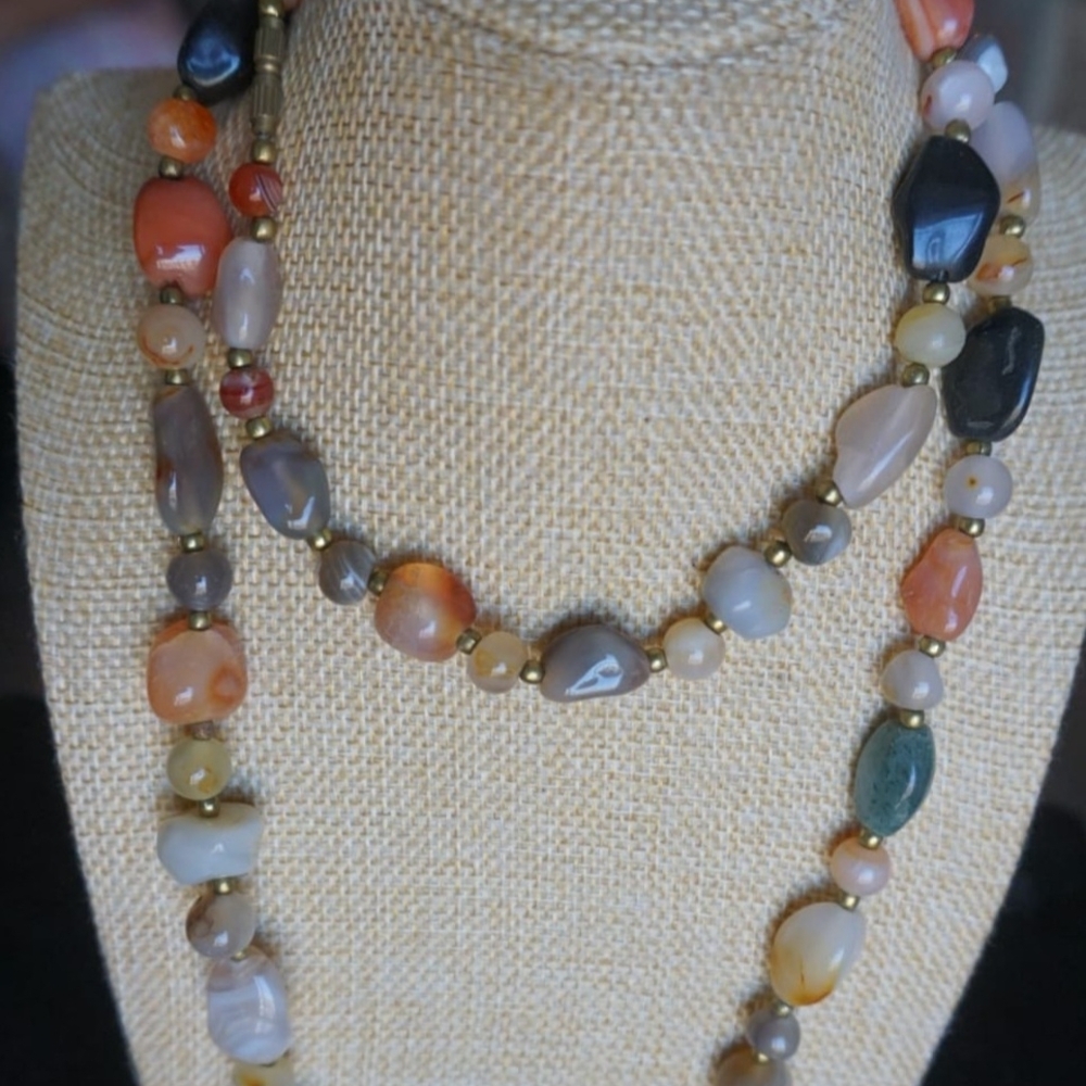 Layered Agate Bead Necklace in Orange, Gray & Green - Women Jewelry